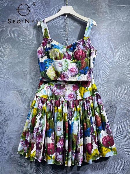 Robes de travail seqinyy Cotton Suit Summer Spring Fashion Design Crop Top Mini jupe vintage Fleur Sicily Print High Quality