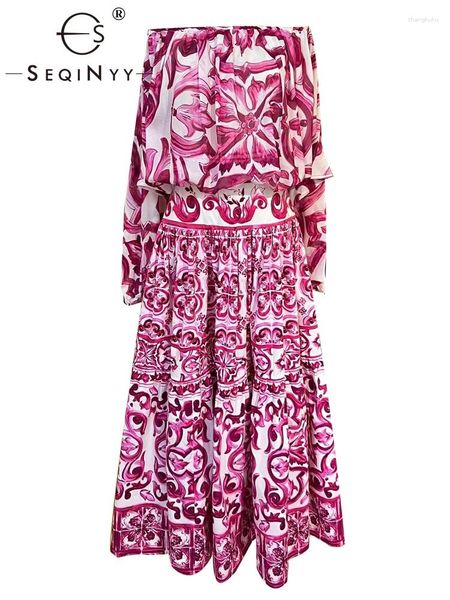 Vestidos de trabajo SEQINYY Conjunto de alta calidad Verano Primavera Diseño de moda Mujeres Runway Blusa de seda Falda de algodón Estampado de flores rosa Sicilia