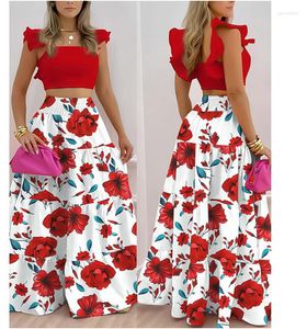 Conjunto de vestidos de trabajo Mujer Vestido de 2 piezas Estilo de verano Volantes Cinturón halter Top plisado en la espalda y falda Dos de color sólido