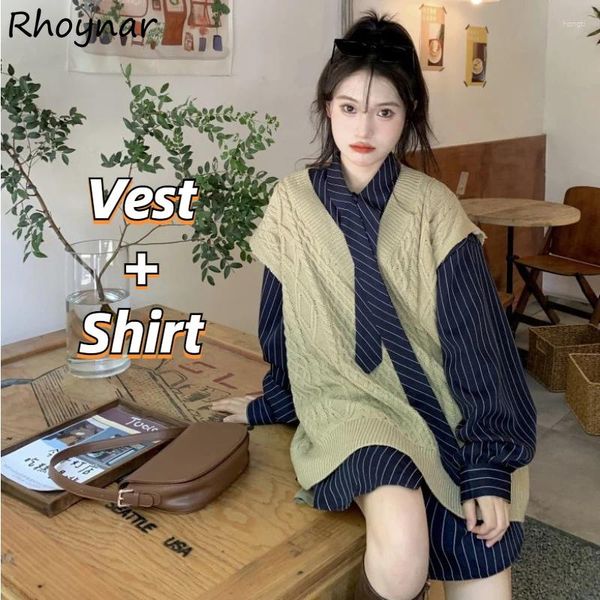 Vestidos de trabajo Sets Women Spring Fall Otoño Coreano Estilo vintage Vest Vest Tierna Tierna Camisas Flojas con rayas Tops Preppy Teen Girls Bf