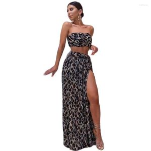 Vestidos de trabajo Sexy Backless Maxi Prom Suit High Slit Mujeres Tube Top Chaleco con faldas Summer Leopard Ropa de moda Vestido largo