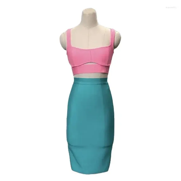 Vestidos de trabajo Conjuntos de vendaje sexy Traje ajustado de mujer rosa y verde Entrenamiento de baile Ropa de fiesta Cockatil Trajes de fitness 2 piezas