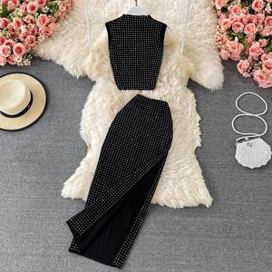 Work Dresses Sexy Black Diamonds 2pcs Set Women Party Sleeveless Short Tops High Waist Split Skirt Female Two Piece Suits Club Fashion 202