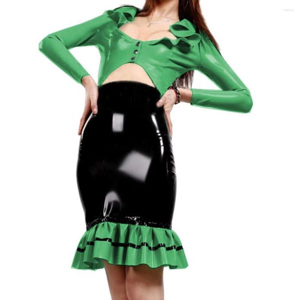 Vestidos de trabajo Sexy Faux Latex Bodycon Vestido de sirena Conjuntos Fetish PVC Ruffle Crop Tops con faldas de lápiz de cintura alta Disfraz de amante de fiesta