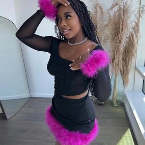 Werk Jurken Sexy Veer Tweedelige Set Vrouwen Lange Mouw Vierkante Kraag Top En Mini Rok Sets Club Party Verjaardag outfits Voor Co Ord