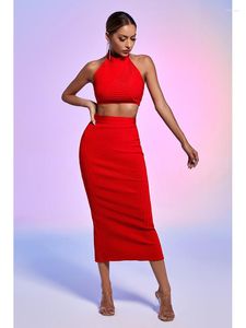 Werkjurken Sexy Halter Short Top Bandage Rokset Elegant Red Backless OP Midi Lengte Potlood 2 Tweede stuk club feestavond