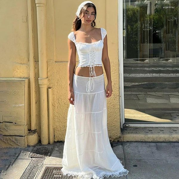 Vestidos de trabajo Sexy Crochet Crochet 2 piezas Mujeres 2024 Summer arriba Top de falda Long Sets Elegant White Dos
