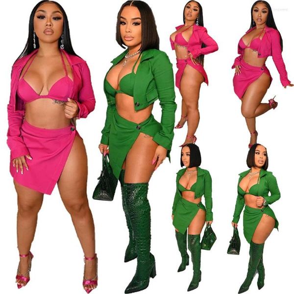 Robes de travail Sexy robe de soirée costume femmes boutonnées hauts soutien-gorge côté Mini jupes couleur unie correspondant deux 2 pièces ensemble tenues