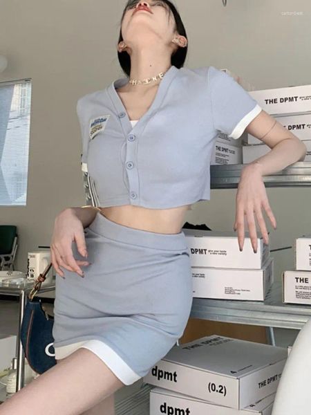 Vestidos de trabajo Traje delgado de manga corta sexy para mujeres Ropa de estilo informal moderno de Corea Conjunto de falda Conjunto de verano Ajustado Top Corbata Mini faldas