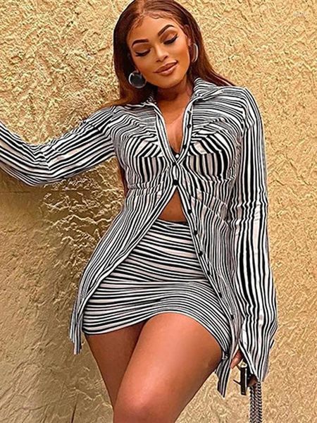 Robes de travail Sexy Stripe Imprimé à manches longues Butt Down Down Neck Buttons Up Casual Shirt Mini Jirts 2 Set Two Piece 2024 Femme d'automne printemps