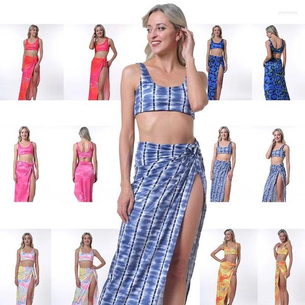 Vestidos de trabajo Conjuntos de vestido de dos piezas de verano sexy Mujeres Estampado floral Crop Top Chaleco Tanque y faldas maxi divididas altas Trajes 2 piezas Trajes de playa