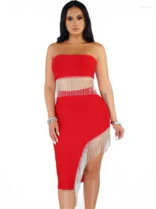 Werkjurken Sexy Tassel Two -Piece Clubwear Set vrouwen voor feest korte korset tops en rokken hoge taille asymmetrische nachtclub outfits sets