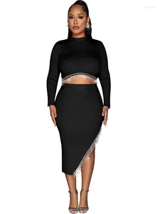 Werkjurken sexy tweedelig geribbelde kwastje voor feest bodycon crop tops en lange spleetrokken hoge taille nachtclub outfits zwart wit