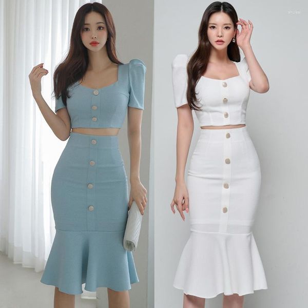 Robes de travail Sexy femmes vêtements deux pièces ensemble 2023 été fête mode coréenne court petit haut taille haute mince queue de poisson jupe