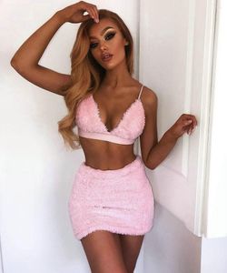 Werkjurken Sexy Women Set Furry 2Pieces Deep V Sling Bra High Taille Mini Rok Summer Lady Clubwear Solid Outfits Streetwear 4Colors