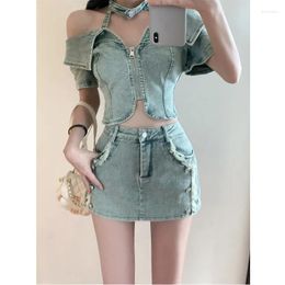 Werk Jurken Sexy Vrouwen Zomer Denim Jeans Pak Halter Tops Minirok Outfits Suits Backless Koreaanse Stijl Bodycon Hoge Taille vestidos