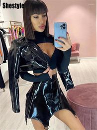 Werk jurken Shestyle PU Leather Sexy Outfits voor vrouw Solid Color V Hals Coats Asymmetrische rokken nachtclub Bar kleding Casual 2023