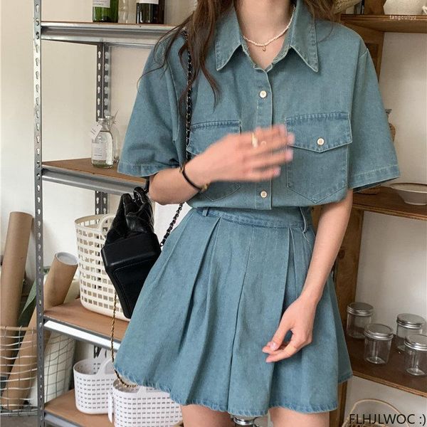 Robes de travail courtes filles mignonnes tenues jupe ensembles mode 2023 été FLHJLWOC conception femmes solide bleu jean chemises en jean deux pièces