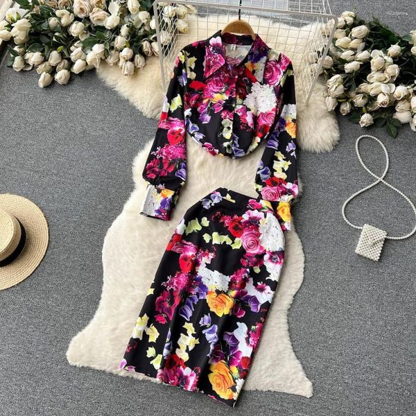 Robes de travail Sicilienne Rose Printemps Robe Costume Deux Pièces Revers Chemises À Manches Longues Floral Jupe Courte 2pcs Ensembles Tenues M8694