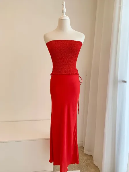 Vestidos de trabajo seda seda rojo verde shirred tubo mangas sin mangas de sirena