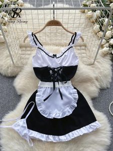 Werkjurken SINGREINY 2024 Meiduniform Sexy Nachtpakken Uitgehold Ruglooze Ruches Lace Up Strik Mini-jurk Strings Cosplay Erotische Pornopakken