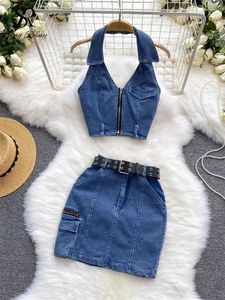 Werkjurken Singreiny American Retro Denim Twee stukken Pakken Halter Zipper Mouwloze zoete bovenriem Bodycon Korte rok Fashion sets