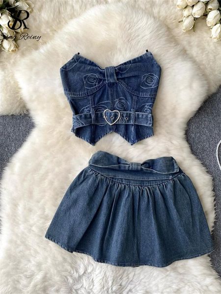 Robes de travail Singreiny American rétro Sweet Denim Set Femmes Elastic Buste Belt Y2K Top Mini Pantskirt Fashion Imprimez deux pièces