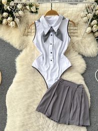 Werk Jurken SINGREINY Boog Preppy Stijl Uniform Pakken Knop Backless Body Plooirok Lingerie Vrouwen Sexy JK Erotische Rompertjes Sets