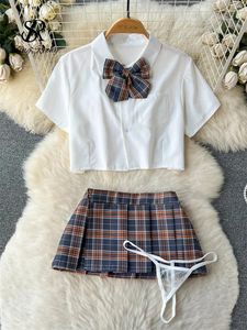 Werkjurken SINGREINY Cosplay Erotische porno-outfit Dames Revers Hals Kort shirt Geruite minirok Strings 2024 Preppy stijl Sexy nachtkleding