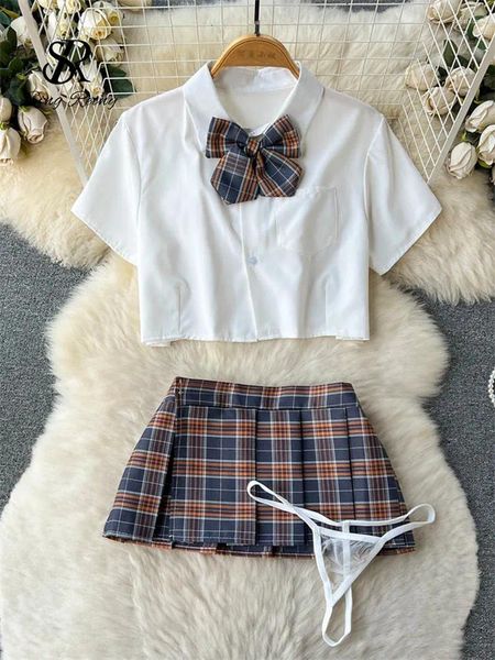 Vestidos de trabajo SINGREINY Cosplay Traje de porno erótico Mujeres Solapa Cuello Camisa corta A cuadros Mini falda Tangas 2023 Estilo preppy Ropa de dormir sexy