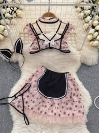 SINGREINY Erotische Sweet JK Uniform Pakken Vrouwen Boog Hol Hlater Top Korte Rokken Set Mode Sheer Lingerie Slanke Sexy Sets