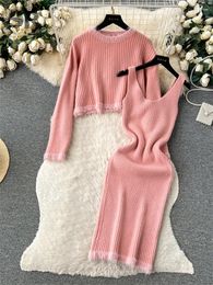 Robes de travail Singrainy Mode Tricot Deux Pièces Ensemble Femmes Élégant Doux O Cou À Manches Longues Pull Sans Manches Chaud Pull Midi Costume