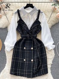 Robes de travail SINGREINY mode Patctwork costumes solide lanterne manches chemise Plaid fronde ceinture perles boutons robe mi-longue automne Style coréen