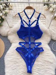 Robes de travail Singreiny Mode Sheer Mesh Gaine Combishort 2024 Lingerie Halter Sensuel Slim Shapewear Femmes Érotique Creux Sexy Body