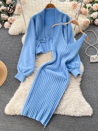 Vestidos de trabajo SINGREINY Moda Vintage Suéter Dos piezas Conjuntos Mujeres Punto Cardigan Midi Camis Vestido Otoño Streetwear Trajes de punto sueltos