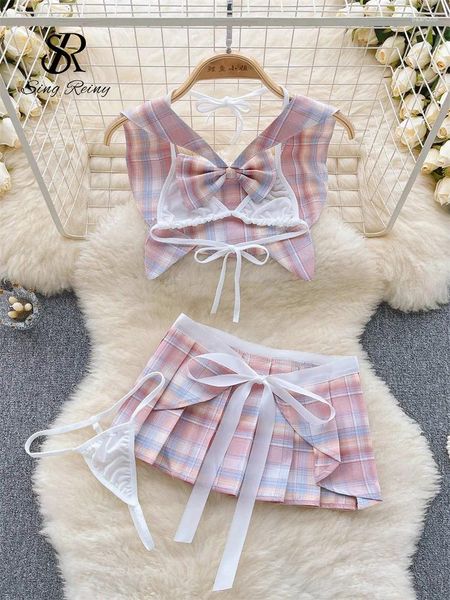 Vestidos de trabajo Singreiny Cosplay femenino Sexy Ropa de dormir Dulce Mini Top Falda corta Tangas Plaid Hollow Out Sin respaldo Erótico Conjuntos de dos piezas