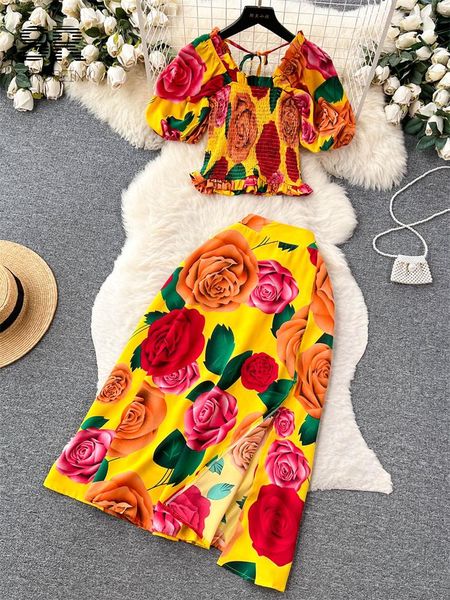 Vestidos de trabajo SINGREINY Estampado floral Conjuntos de dos piezas Mujeres Cuello cuadrado Volantes Cintura elástica Blusa Una línea Falda larga Traje de verano informal