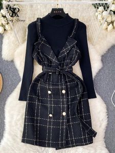 Werkjurken Singreiny France Chique vrouwelijke sets o nek gebreide pollover plaver plaid sling riem parel knoppen midi jurk 2024 herfst patchwork pakken