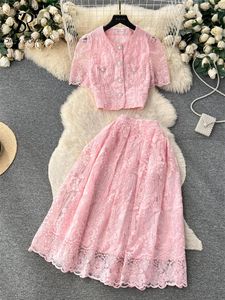 Robes de travail SINGREINY français crochet fleur creux ensembles femmes O cou simple boutonnage poches haut fermeture éclair longue jupe dentelle fête deux pièces costumes