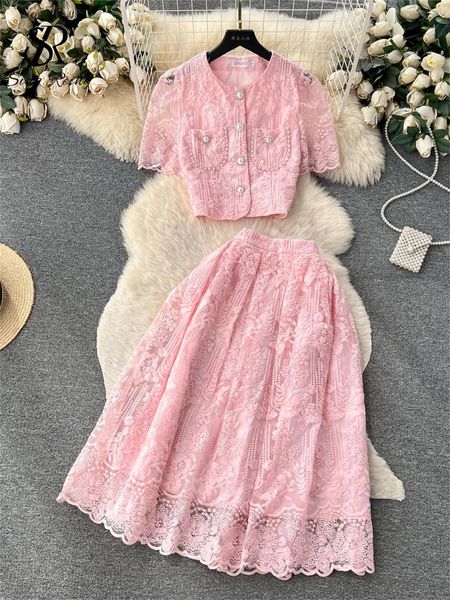 Vestidos de trabajo SINGREINY French Hook Flower Hollow Sets Mujeres O Cuello Bolsillos con un solo pecho Top Cremallera Falda larga Fiesta de encaje Trajes de dos piezas