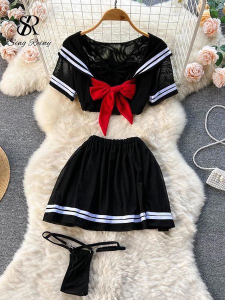 Robes de travail SINGREINY Preppy Style Cosplay Sheer Nightsuits Femme Bow Doux Haut Court Mini Jupe Tongs 2024 Transparent Érotique Porno