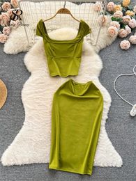 Robes de travail Singreiny Sexy Beach Style Women sets carré Collier Slim Fit Tops High Taist Bodycon jupe Summer 2024 Corée élégante chic