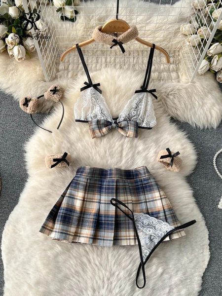 Vestidos de trabajo SINGREINY Sexy Plaid Japón Estilo Conjuntos eróticos Plisado Falda corta Arco Sin tirantes Lace Camis Mujeres Dulce JK Uniforme Lencería Trajes