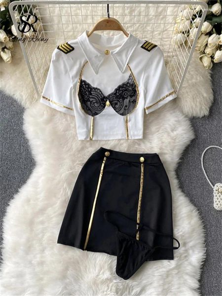 Robes de travail SINGREINY Sheer évider jupe costumes femmes sensuelles manches courtes épissé dentelle hauts mince mode Cosplay Club ensembles érotiques