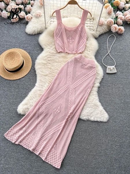 Robes de travail SINGREINY été évider costumes tricotés femmes sangle lâche Camisole une ligne jupes longues ensembles 2024 vacances plage deux pièces