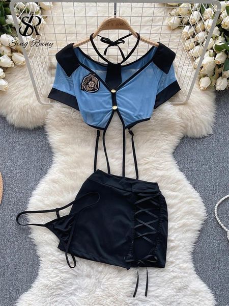 Robes de travail Singreiny Femmes Preppy Style Sexy Uniformes Ensembles 2024 V Cou Sheer Top Lace Up Mini Jupe Strings Creux Cosplay Costumes Porno