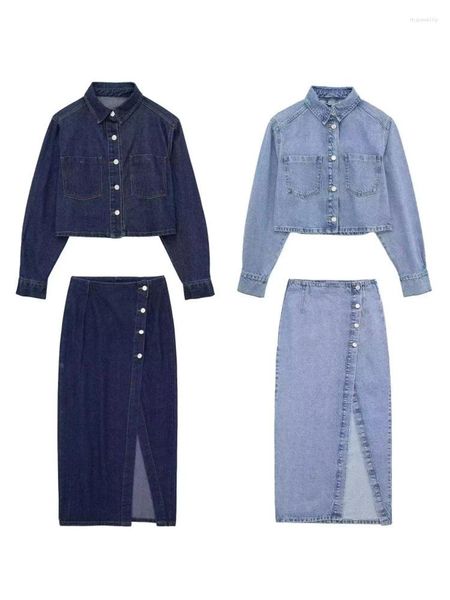 Robes de travail jupe costume femmes mode Denim à manches longues veste manteaux solide Vintage hauts Chic ensembles fendus