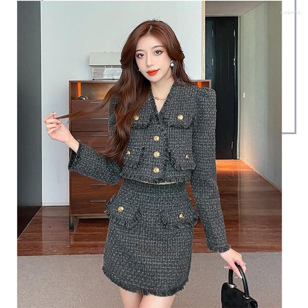 Vestidos de trabajo Trajes de falda Mujer Pasarela Diseñadores de lujo Elegante Oficina Damas Formal Tweed Blazer Chaqueta Mini 2 piezas Conjunto Trajes de invierno