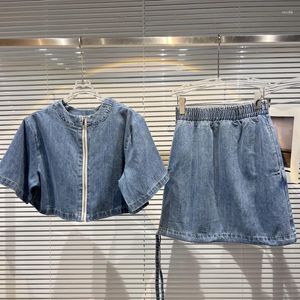 Robes de travail jupe deux pièces costume femmes 2023 été Style fermeture éclair col rond manches courtes Denim veste taille haute jupes ensemble piste YQ169