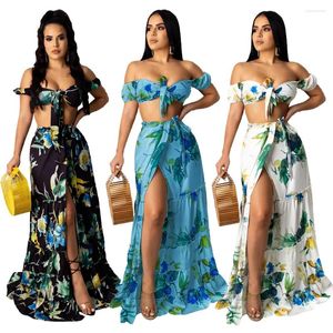 Robes de travail Skmy Elegant Floral imprimé 2 pièces Set Femmes Sexy Lace Up V Calc Crop Top Long Jirts Night Club Party Beach Outfits 2024